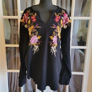 JOHNNY WAS Zosia Black Embroidered Thermal Shirt, Waffle Knit, Sz XL